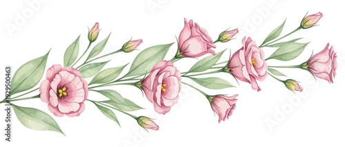 Elegant watercolor floral garland featuring delicate pink blooms and lush green foliage, ideal for wedding invitations, greeting cards, and diverse design projects