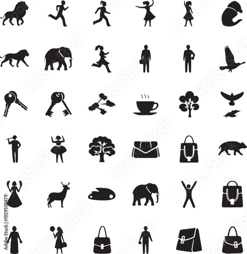 Collection of black silhouette featuring animals people and nature lion elephant running man dancing woman bird tree keys coffee cup handbag deer briefcase balloon