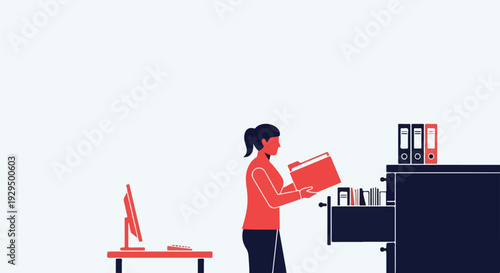 Businesswoman organizing files in an office, managing documents and paperwork efficiently with a filing cabinet. Flat vector illustration.