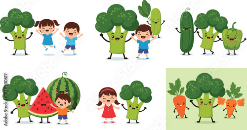 Cute vegetable characters with kids set. Kawaii broccoli, carrot, cucumber and watermelon mascots. Funny healthy food illustration isolated on transparent background.