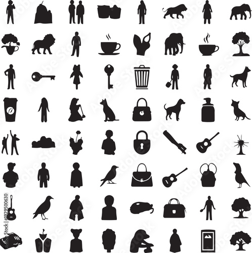 Collection of black silhouette of people animals and nature woman