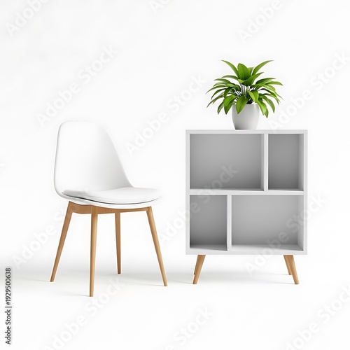 A modern white chair and shelving unit with a potted plant on top.