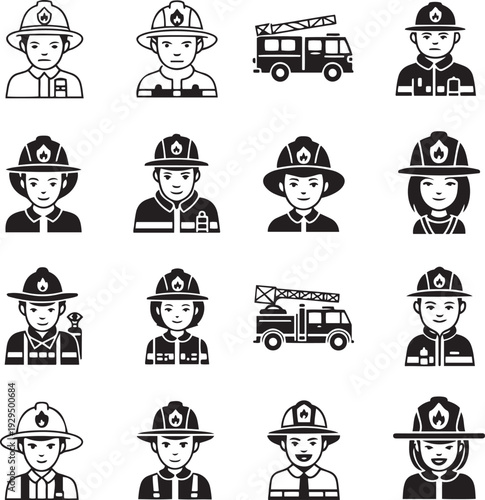 Collection of firefighter and fire truck in black and white emergency services rescue