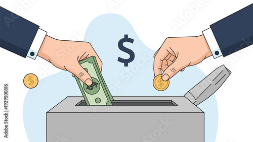 Human hands placing dollar bills and gold coins into a gray donation box symbolising charity work and financial support for causes.