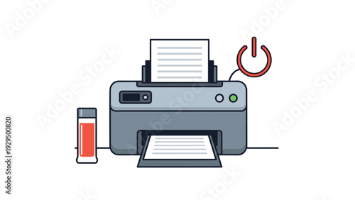 Modern desktop printer is shown with paper being printed and a red ink bottle nearby representing home office document solutions.