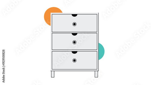 Minimalist gray three drawer chest of drawers stands against a background with orange and teal abstract circles for modern decor.