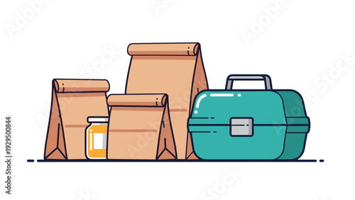 Collection of brown paper lunch bags and a green metal lunchbox arranged together for school or workplace meal preparation.