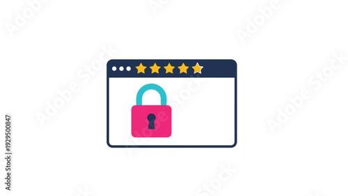 Web browser window displaying a five star rating and a secure pink padlock icon illustrates website safety and user reviews.