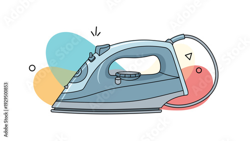 Modern blue electric steam iron with various setting dials is placed against colorful abstract shapes for a domestic laundry concept.