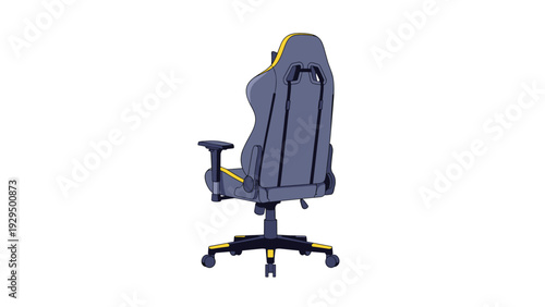 Professional ergonomic gaming chair in gray and yellow colors is shown from the back showing its sturdy base and wheels.