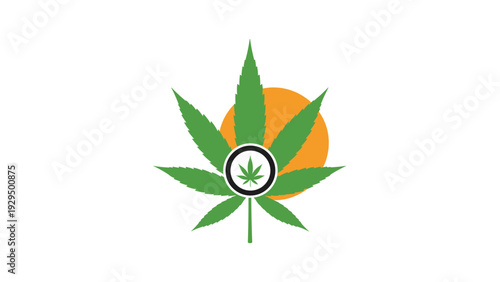 Large green marijuana leaf is centered over an orange sun with a smaller cannabis leaf icon inside a circular black border.