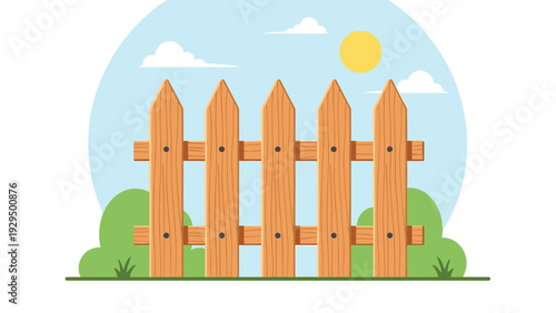 Classic wooden picket fence stands in front of green bushes under a bright yellow sun and blue sky for a home garden scene.
