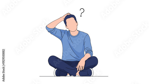 Confused man sits on the floor with his legs crossed scratching his head under a floating question mark seeking an answer.