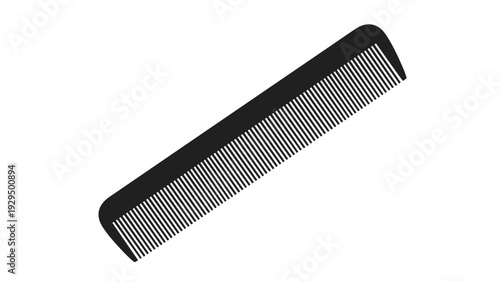 Simple black hair comb with fine teeth is displayed at an angle for hair styling grooming and personal care themes.