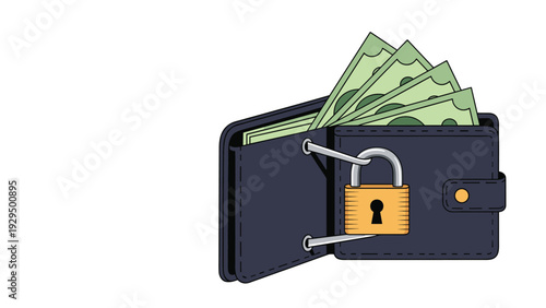 Open dark wallet filled with green dollar bills is secured with a large gold padlock symbolising financial security and savings.