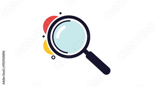 Large black magnifying glass is placed over colorful abstract circles and dots suggesting search research and data analysis.