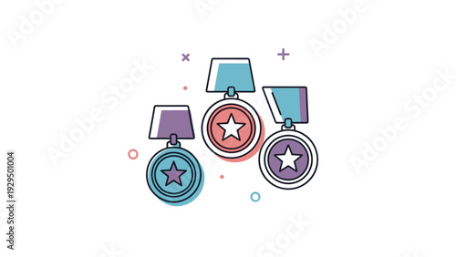 Three round achievement medals with stars are displayed with different colored ribbons for ranking in a competition or event.
