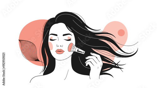 Beautiful woman with long flowing dark hair applies blush to her cheek using a makeup brush in a stylized art illustration.
