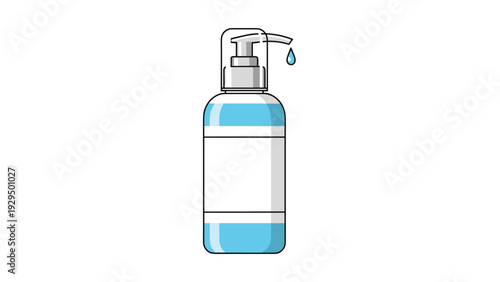 Plastic pump dispenser bottle contains light blue liquid and shows a single drop falling from the nozzle for hygiene use.
