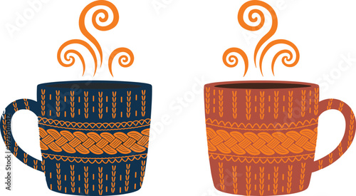 Stylized colorful coffee and tea mugs with decorative orange patterns and rising steam, cozy beverage illustration symbolizing warmth, comfort, relaxation, and traditional drink culture artwork