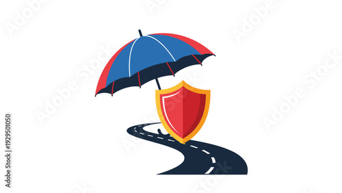 Large blue and red umbrella protects a red shield on a winding road symbolizing insurance and safety for travelers.