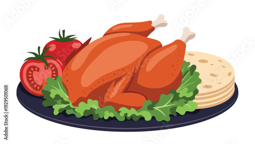 Whole roasted turkey is served on a platter with fresh green lettuce leaves, sliced tomatoes, and flatbread for a meal.
