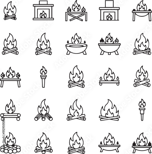 Collection of line representing various types of fires and fireplaces flame bonfire campfire