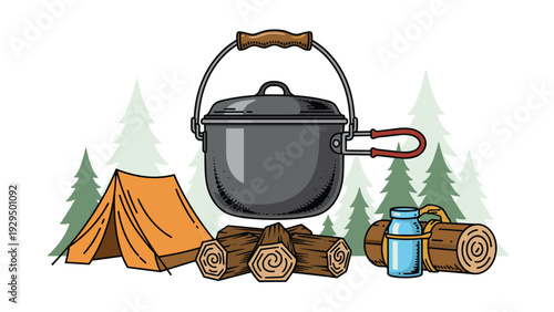 Outdoor camping setup features a large cooking pot over a fire wood pile next to a tent and trees in the forest.