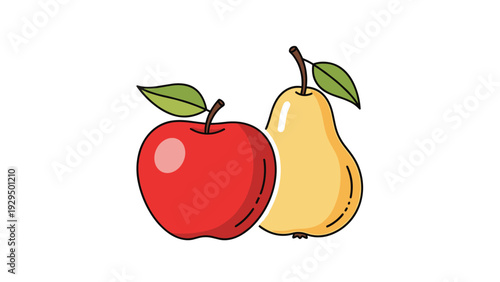 Fresh red apple and yellow pear with green leaves are shown together in a clean fruit basket style illustration.