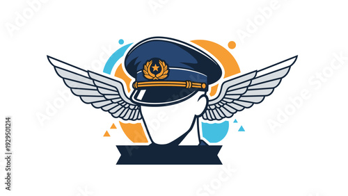 Stylized pilot head wearing a captain hat with wings and a golden emblem represents aviation and air travel.