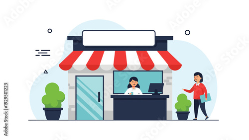 Small boutique store features a red and white striped awning and a shopkeeper waiting for a customer outside.