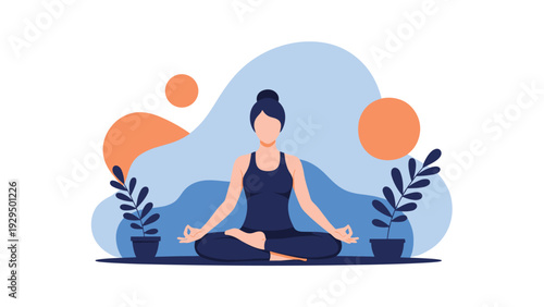 Peaceful woman sits in a lotus yoga pose for meditation and mindfulness in a serene blue and orange setting.