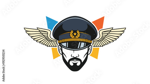 Bearded pilot head wearing a blue captain hat with wings and a golden star emblem on a colorful background.