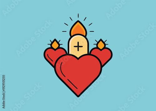 An intricate flat vector doodle sacred heart with a central cross and flames is flanked by two smaller hearts on a blue background.