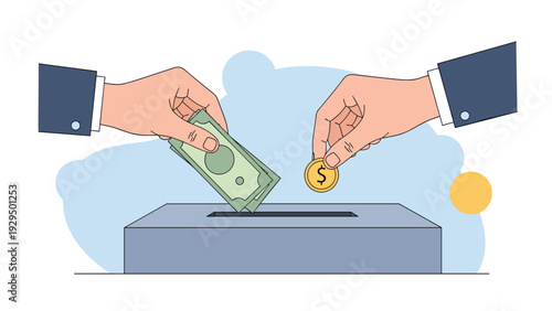 Two hands are shown putting paper banknotes and a golden coin into a donation box for a charitable cause.