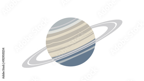 Planet Saturn is displayed with its prominent ring system and characteristic atmospheric bands of beige and grey against a white backdrop.
