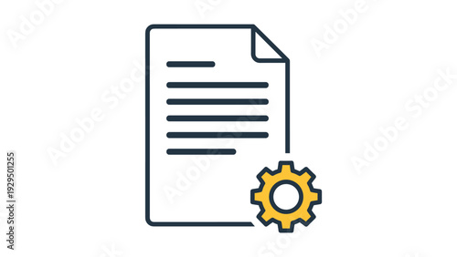 Document settings and file configuration icon depicts a paper sheet with a mechanical gear representing system updates or digital management.