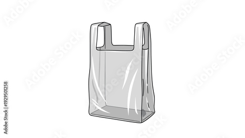 Transparent grey plastic shopping bag with handles is depicted in a three-dimensional view to illustrate environmental waste and retail use.