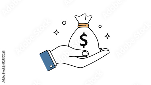 Hand in a blue suit sleeve holds a white money bag with a black dollar sign surrounded by stars representing wealth and financial gain.