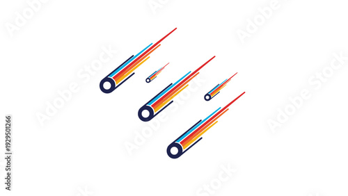 Group of colorful comets or meteors with vibrant rainbow trails streaks across a white background representing speed and cosmic motion.