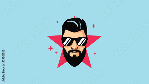 Stylized illustration of a man with a thick beard and sunglasses is centered in front of a large pink star with smaller decorative stars.