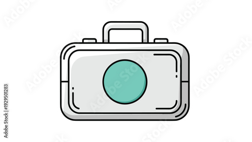 Minimalist light grey camera or briefcase icon with a central teal circle suggests a digital device or portable equipment for photography.