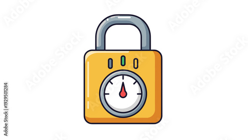 Yellow combination padlock with a circular dial and a red needle indicator is designed to represent security and mechanical protection.