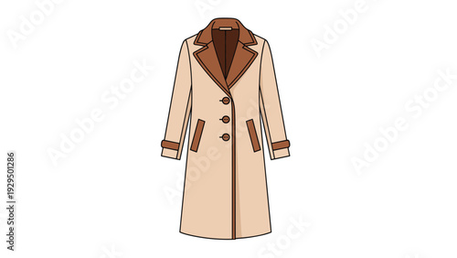 Long tan trench coat with brown lapels and sleeve straps is displayed as a professional illustration of classic outerwear for cold weather.