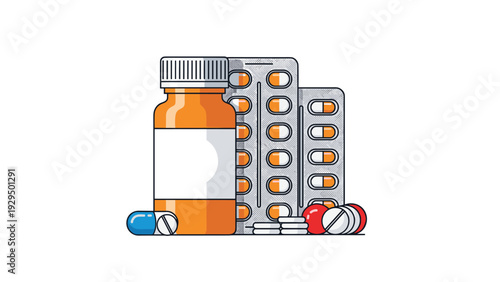 Collection of various pills and medications including brown bottles, blister packs, and loose capsules represents medical treatment and health.