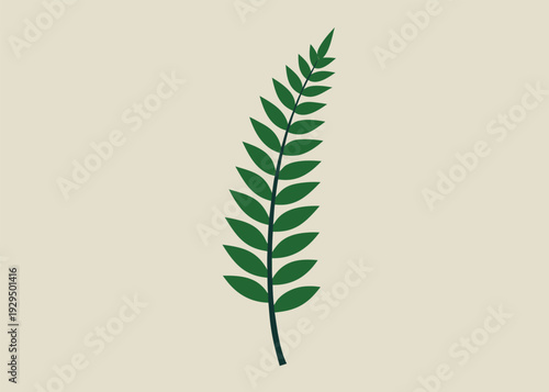 A slightly curved dark green flat vector fern branch featuring multiple small leaves is set on a light tan background.