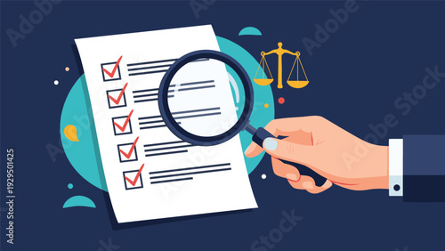 Hand holds a magnifying glass over a checklist while a scale of justice rests in the background to symbolize a legal audit or review.