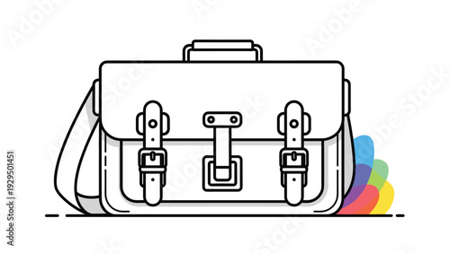 Professional messenger bag or briefcase illustration with metal buckles and a long shoulder strap shown on a colorful background.