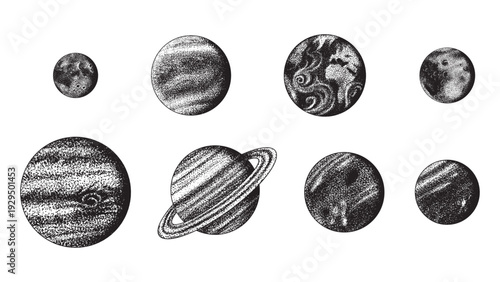 Planets of the Solar system in hand drawn stippling dot work style for science and astronomical usage. education material. Mercury, Venus Earth, Mars, Jupiter and Saturn as well as Neptune and Uranus