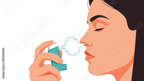 Woman using a medical inhaler to treat asthma or breathing difficulties with a visible mist of medication released into the air.